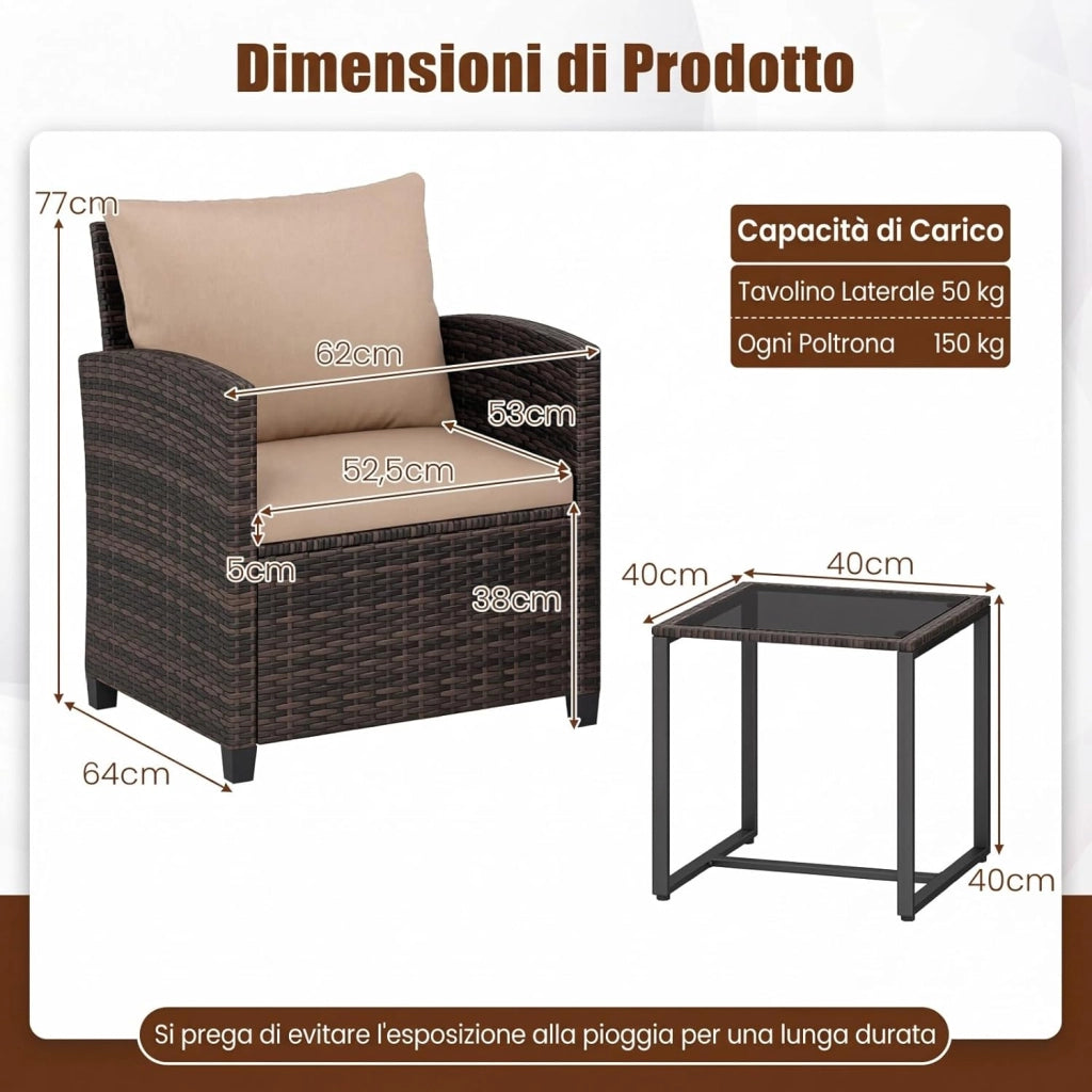 Set Mobili da Giardino 3 Pezzi, Salotto da Esterno in Rattan PE con 2 Poltrone e 1 Tavolino in Vetro Temperato, Set da Conversazione con Cuscini Sfoderabili per Patio (giallo, Modello 5)