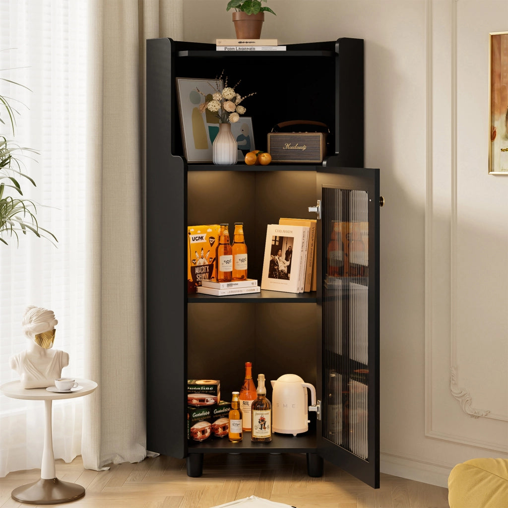 Mobile angolare con 2 ante; ripiano aperto e LED - per soggiorno e bagno - in MDF nero
