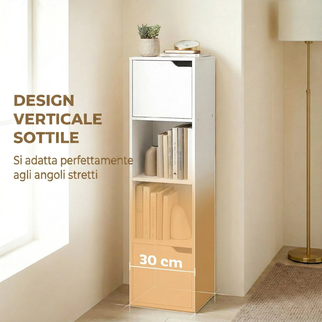 Libreria Moderna con 2 Armadietti e Ante a 4 Ripiani, 30x29x119 cm, Bianco