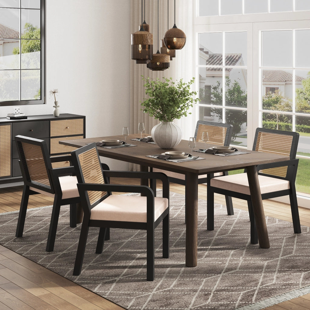 Sedia da Pranzo in Velluto con Schienale in Rattan ¨C MINIMAL ¨C Gambe in Legno, Set 6 Pezzi