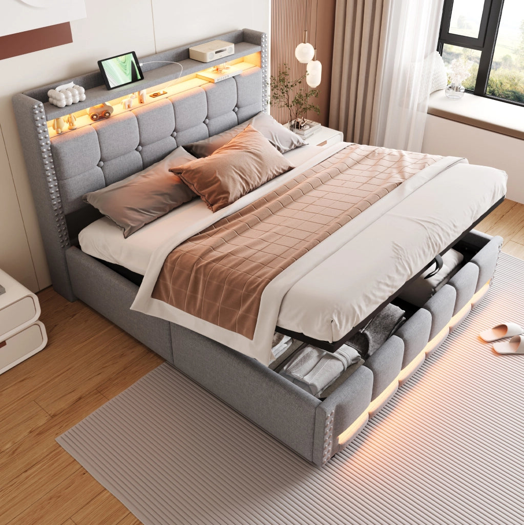 Letto imbottito 160x200 cm con LED; USB e contenitore in lino grigio chiaro