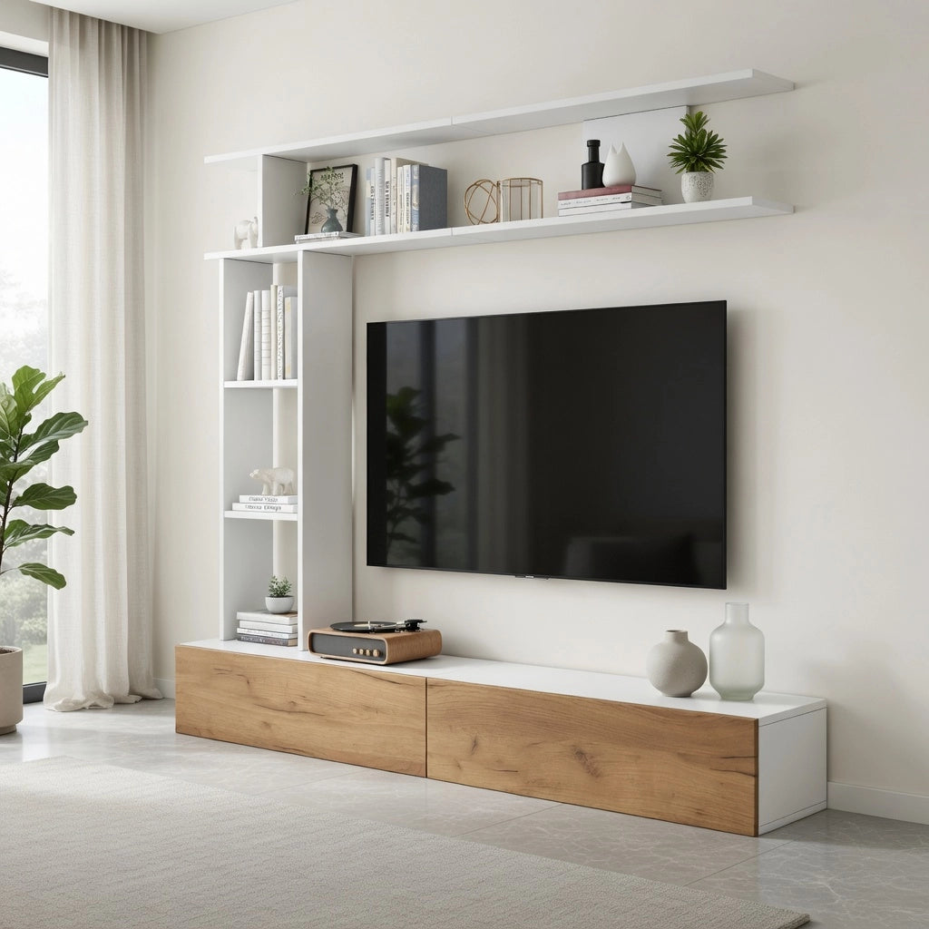 Cassettiera TV bianca e rovere in truciolare lunghezza 180 cm
