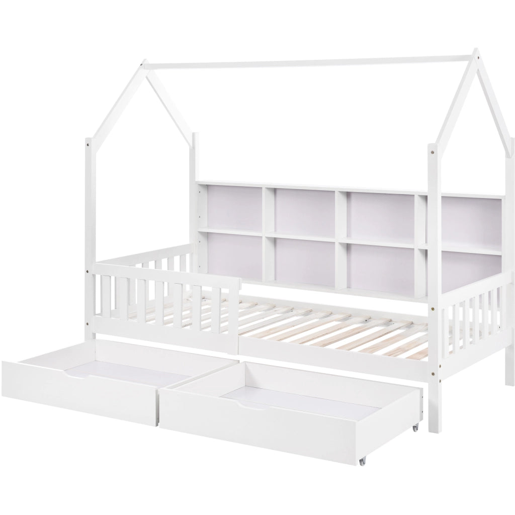 Letto per bambini a casetta 200x90 cm con 2 cassetti; scomparto portaoggetti; pino bianco
