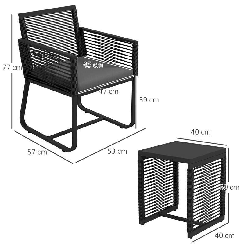 SET DA GIARDINO IN RATTAN CON 2 POLTRONCINE CON CUSCINI E TAVOLINO DA CAFFÈ IN VETRO, NERO