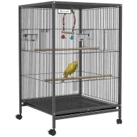 Gabbia per Uccelli in Acciaio e PP con 5 Porte, 2 Posatoi e Vassoio Estraibile, 48x46x74 cm, Grigio