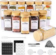 12 Contenitori per Erbe con Coperchio a Quadrato in Bambù, 4 oz di Conservazione delle Erbe, Contenitore per Erbe con Etichette, Contenitore per Erbe in Vetro, Strumento per Spargere Erbe, Chiusura Aerea, Organizzatore per Erbe di Cucina