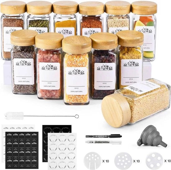 12 Contenitori per Erbe con Coperchio a Quadrato in Bambù, 4 oz di Conservazione delle Erbe, Contenitore per Erbe con Etichette, Contenitore per Erbe in Vetro, Strumento per Spargere Erbe, Chiusura Aerea, Organizzatore per Erbe di Cucina