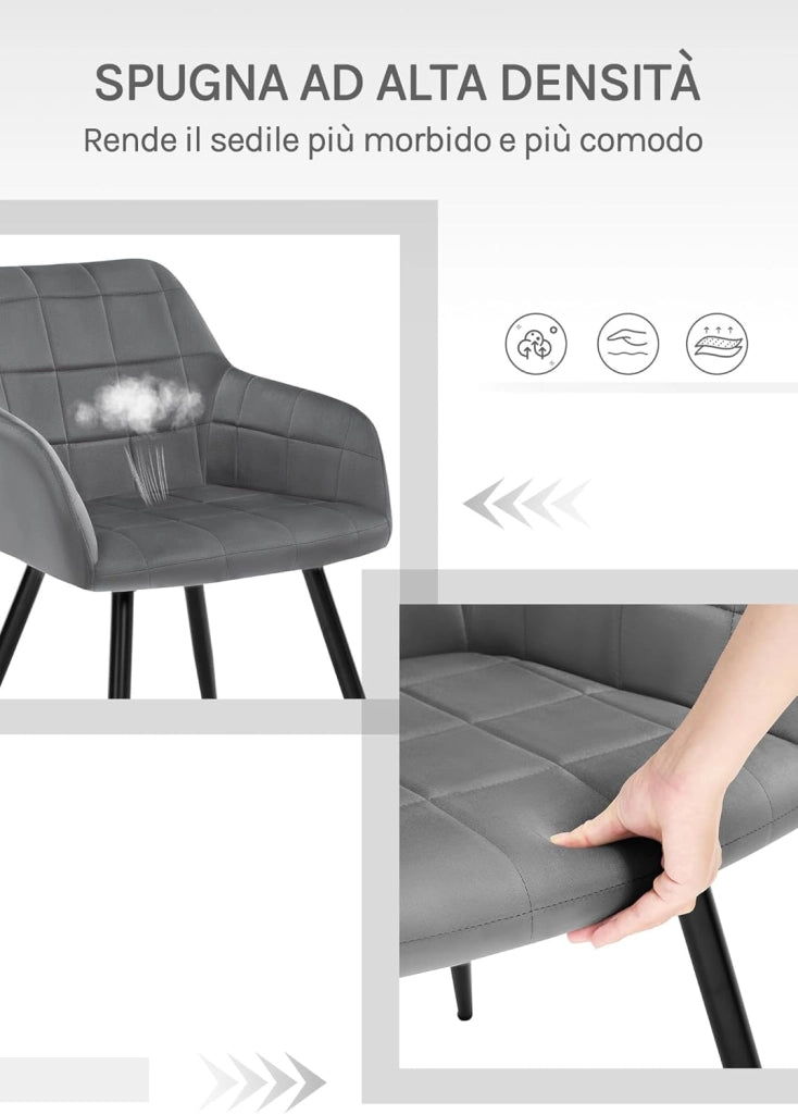 Sedia per Sala da Pranzo Imbottita, Poltroncina in Velluto,Sedia da Cucina con Braccioli e Schienale, Gambe in Metallo, moderne,Grigio Scuro, BH93dgr-1