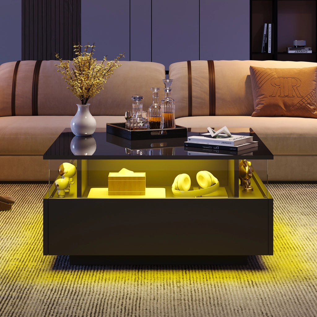 Tavolino basso con 2 cassetti, LED e vano espositivo trasparente per soggiorno, in pannello truciolare, nero, 70 × 70 × 41 cm
