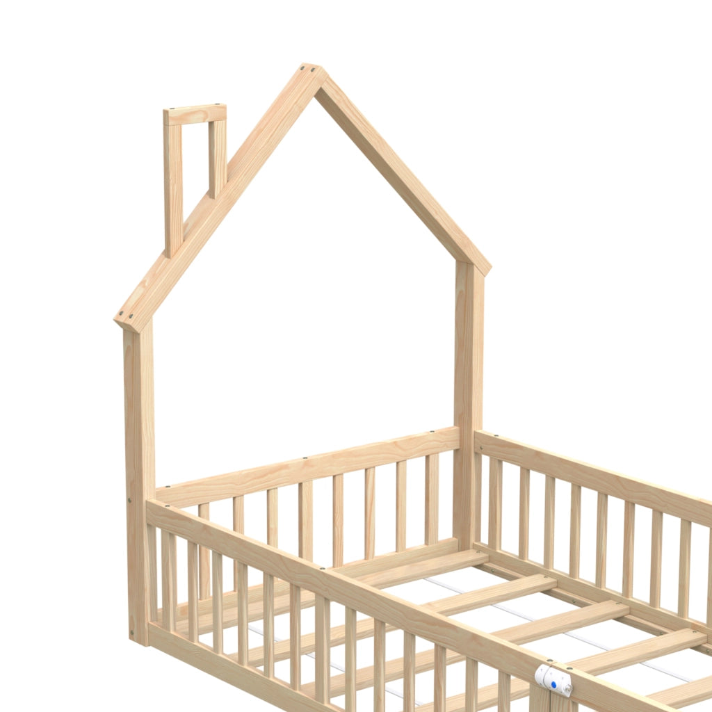 DESMIU Letto per bambini 1 posto con barriera di sicurezza e design a camino, 90 × 200 cm, senza materasso