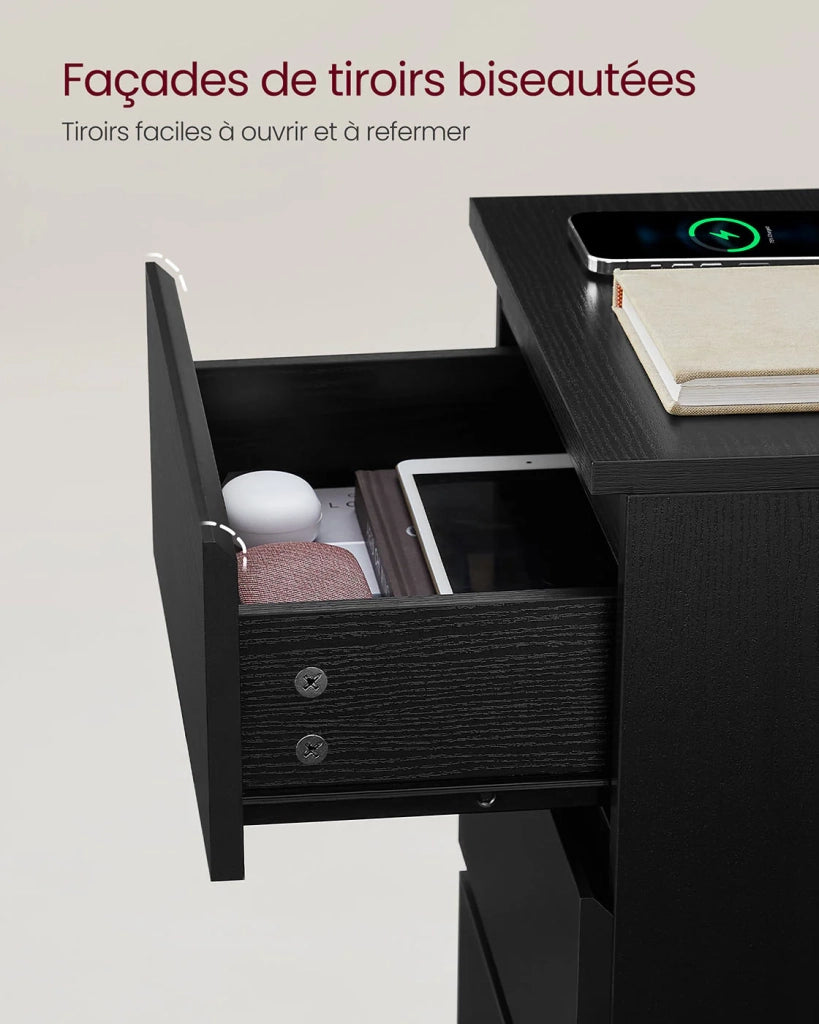 Comodino con multipresa tavolino laterale con 3 cassetti 2 prese CA 2 porte USB frontali dei cassetti smussati per soggiorno camera da letto ufficio moderno nero 12_0007609