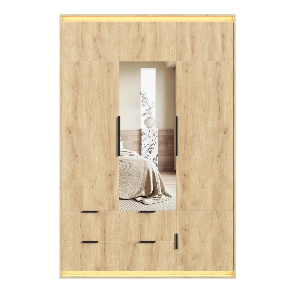 Armadio a 3 ante con specchio; LED; 4 cassetti e 135 x 47 x 200 cm in MDF