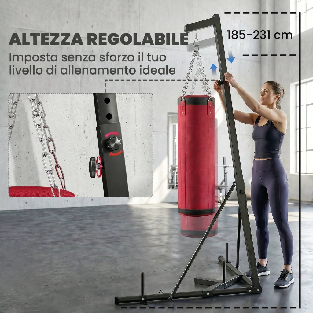 Supporto Sacco Boxe Regolabile con Base Triangolare e Sacco da Boxe. in Acciaio e Tela. 175x91x185-231 cm. Rosso