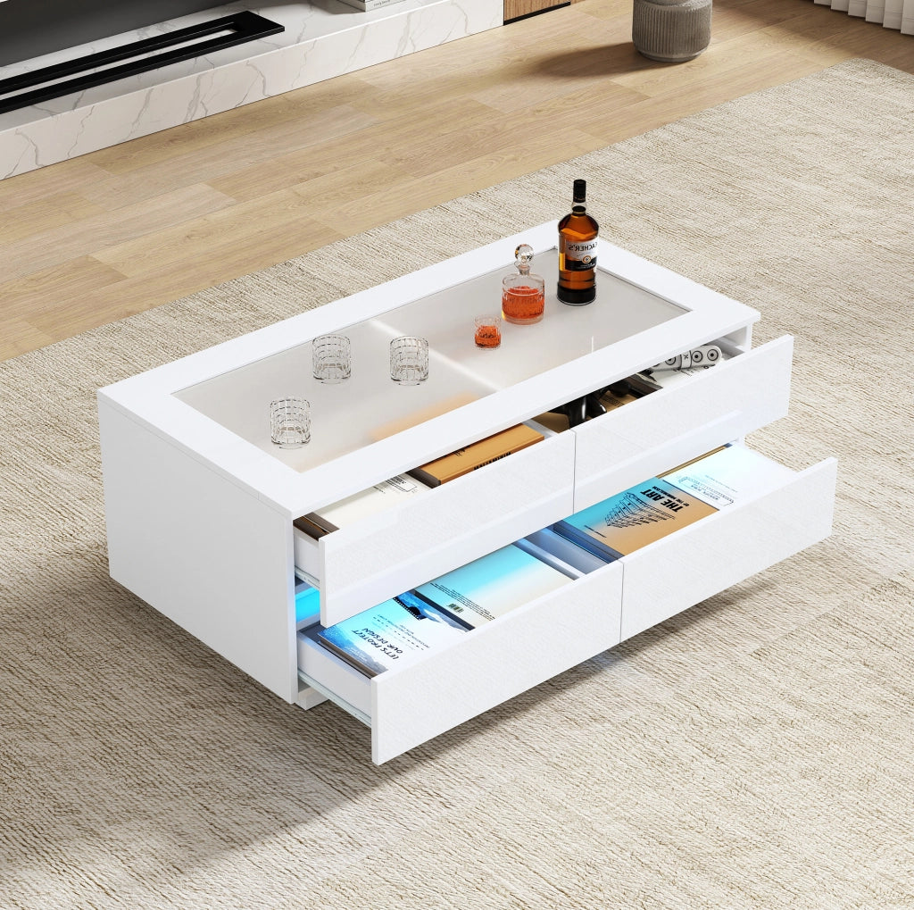 Tavolino da caffè 100x50x40 cm con 4 cassetti; LED; piano in vetro temperato; truciolare bianco