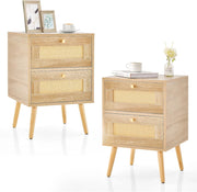 Comodino con 2 cassetti in rattan, comodino in legno, tavolo laterale stretto con gambe in pino, comodino per camera da letto, soggiorno, 40 x 40 x 59 cm (2 pezzi)