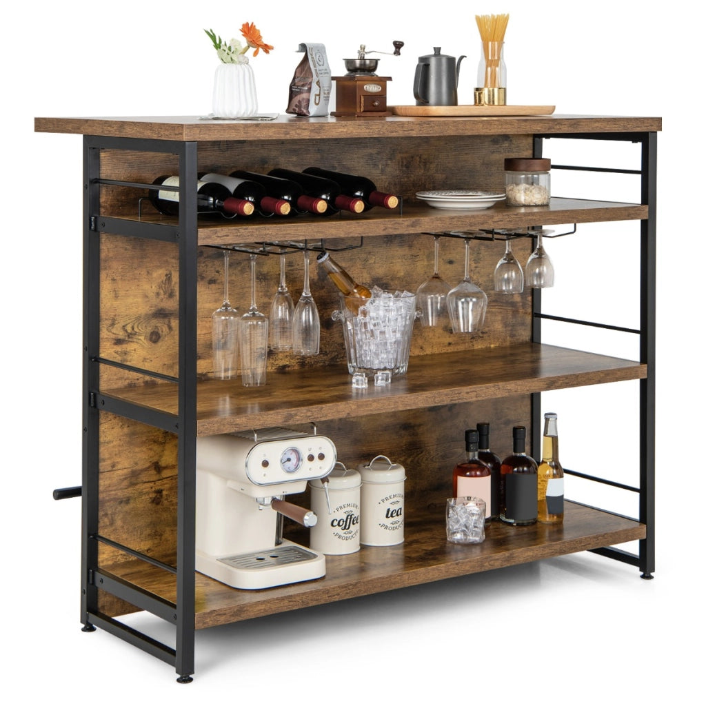 Isola cucina stile industriale con 3 ripiani aperti portabottiglie e porta calici, Mobile bar con poggiapiedi Marrone-Tavoli da pranzo