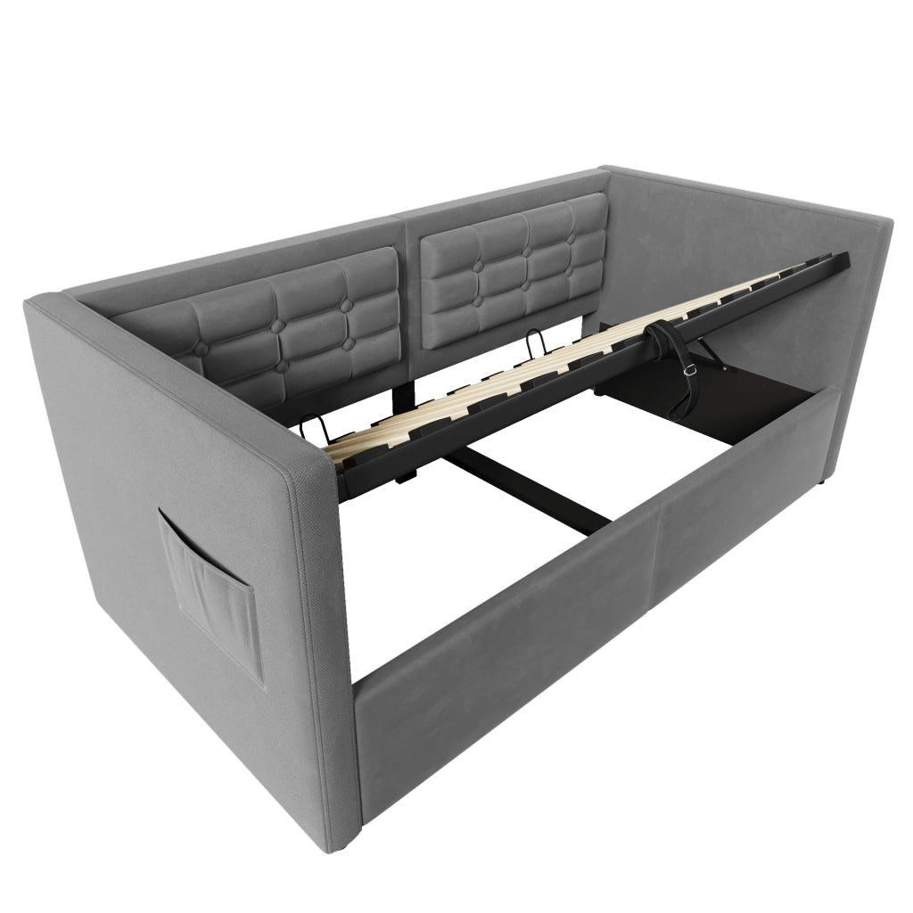 Letto divano imbottito 90x190 cm con vano contenitore idraulico, porta USB e Type-C, velluto grigio, senza materasso