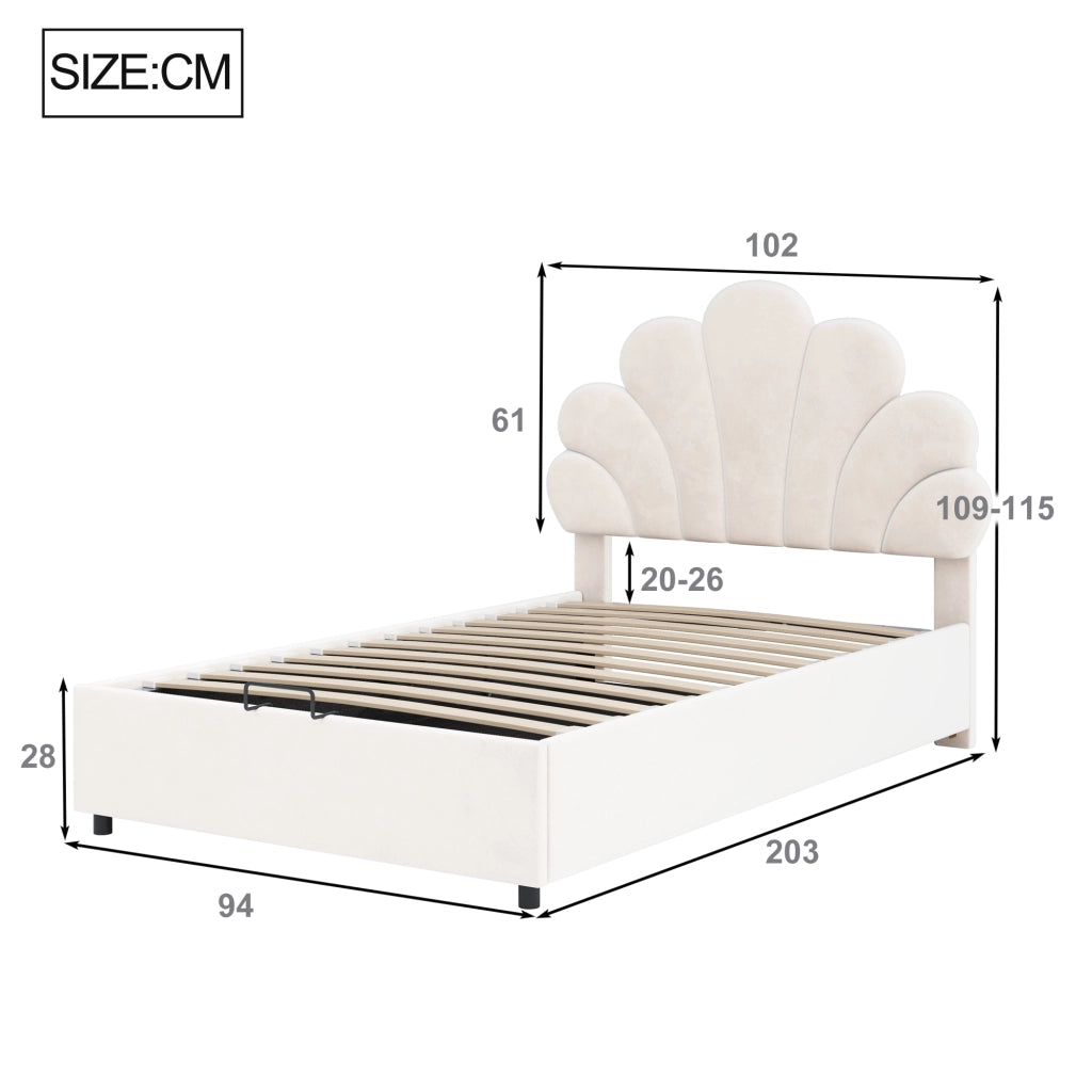 Letto imbottito in velluto beige 90x200 cm con contenitore e testiera floreale