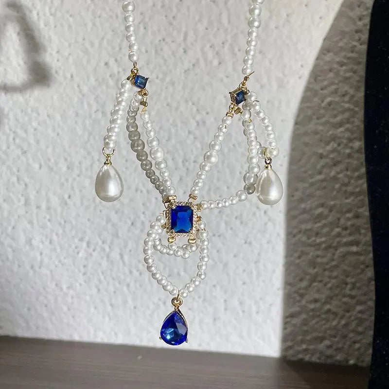 Collana vintage a pi¨´ strati con perle e gocce blu, regalo di Natale o compleanno.