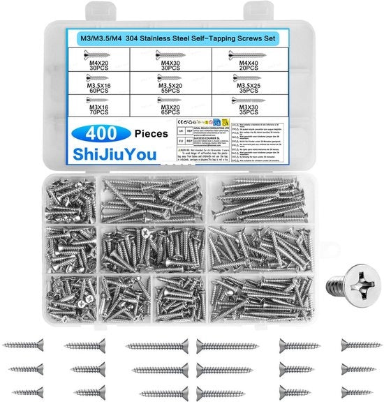Set di viti assortite in acciaio inox, 400 pezzi, viti a testa cruciforme, viti a testa piatta, set con testa sommersa, M3, M3.5, M4