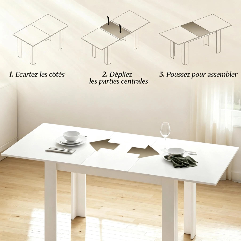 Tavolo da pranzo allungabile per 6-8 persone con piano in MDF e guide in acciaio, per cucina e sala da pranzo, bianco