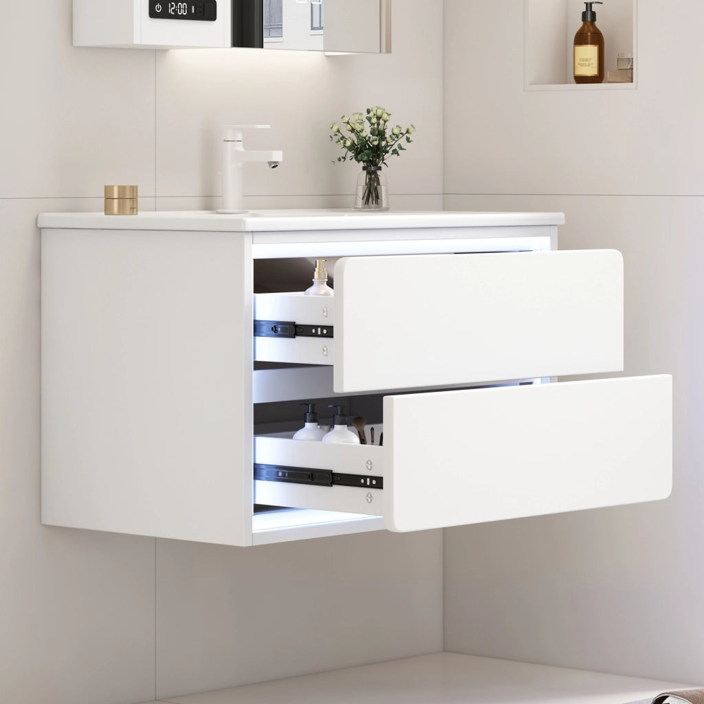 Mobile Bagno Sospeso con Lavabo Integrato e LED ¨C MINIMAL ¨C Bianco, 2 Cassetti, 76x46x48.5cm