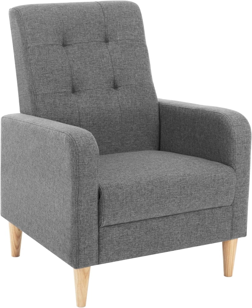 Poltrona da Salotto, Poltrona Relax con Schienale Alto, Sedia di Relax con Pieno Legno Massello Piedi, Seduta Imbottita, Rivestimento in Lino, per Salotto, Ufficio, Grigio Scuro, SKS41dgr