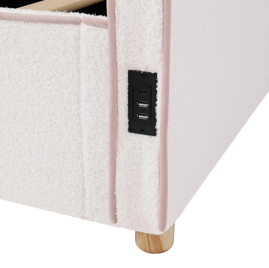 Letto 90x200 cm con contenitore idraulico; USB C; bouclé beige