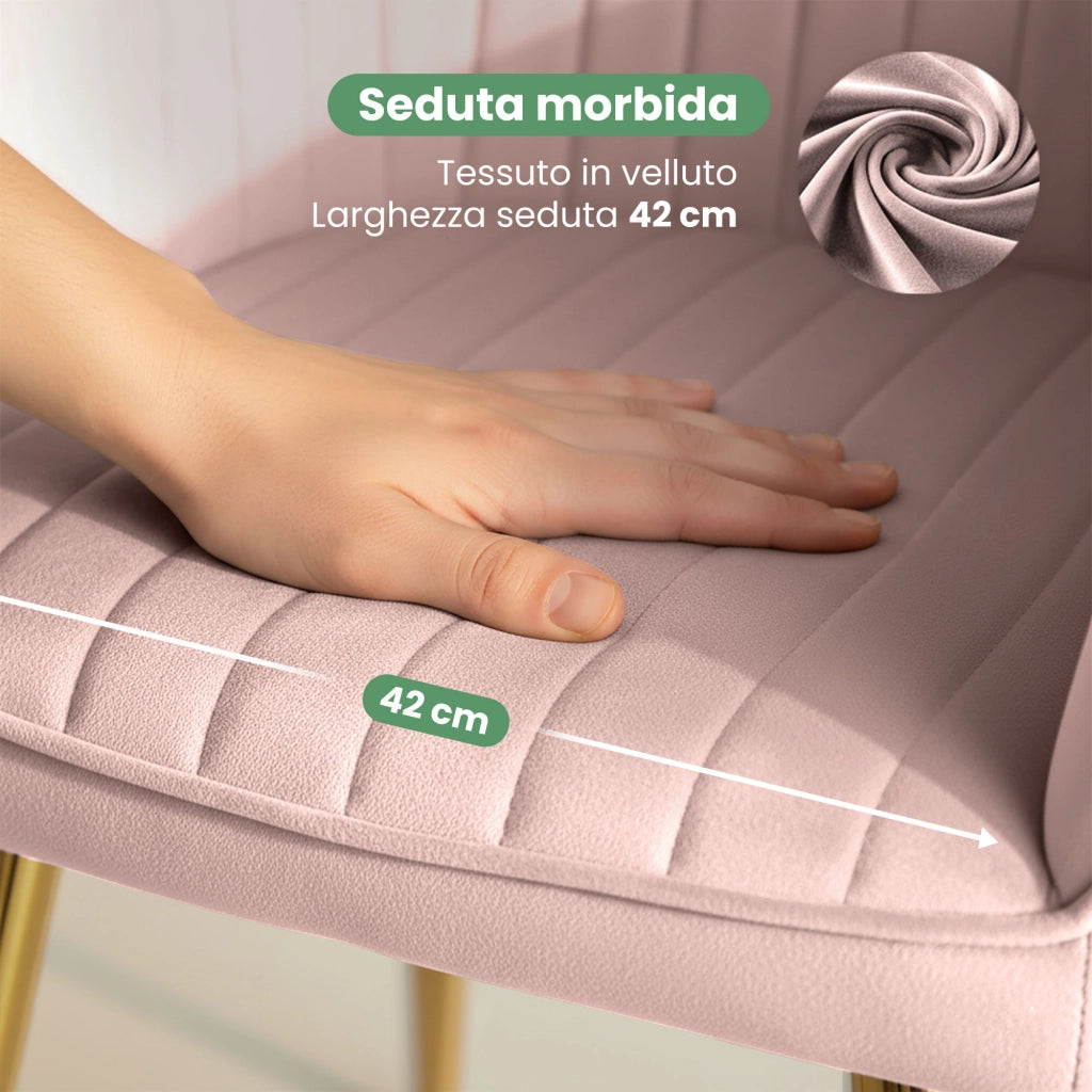 Set di 4 Sedie in velluto con cuciture verticali FLORENCE Rosa Cipria gambe oro