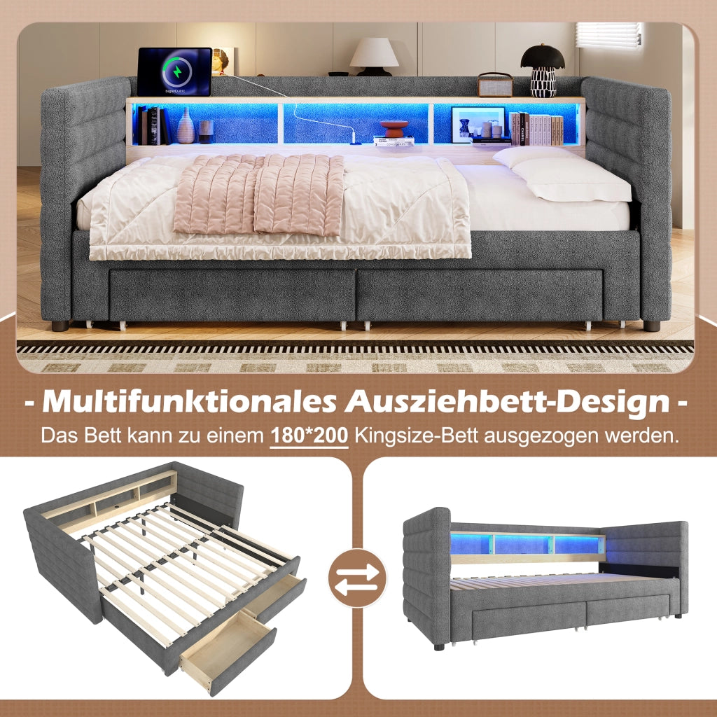 OKWISH Letto a Scomparsa 90×190 cm, Letto Singolo con USB, Tipo C, 2 Cassetti, Vani e LED, senza Materasso, in Velluto, Grigio