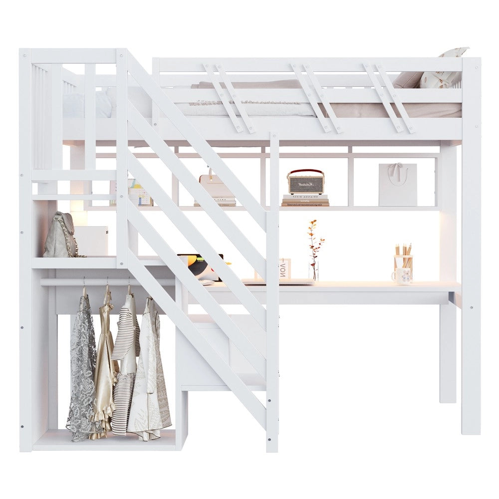 Letto a Soppalco in Legno Massello con Scrivania, LED e USB ¨C MINIMAL ¨C Singolo 90x200 Bianco