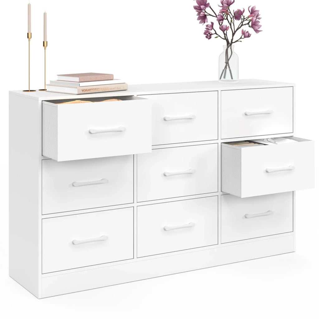 IDMarket - Cassettiera in tessuto a 9 cassetti UPPAH 113 cm mobile contenitore in legno bianco