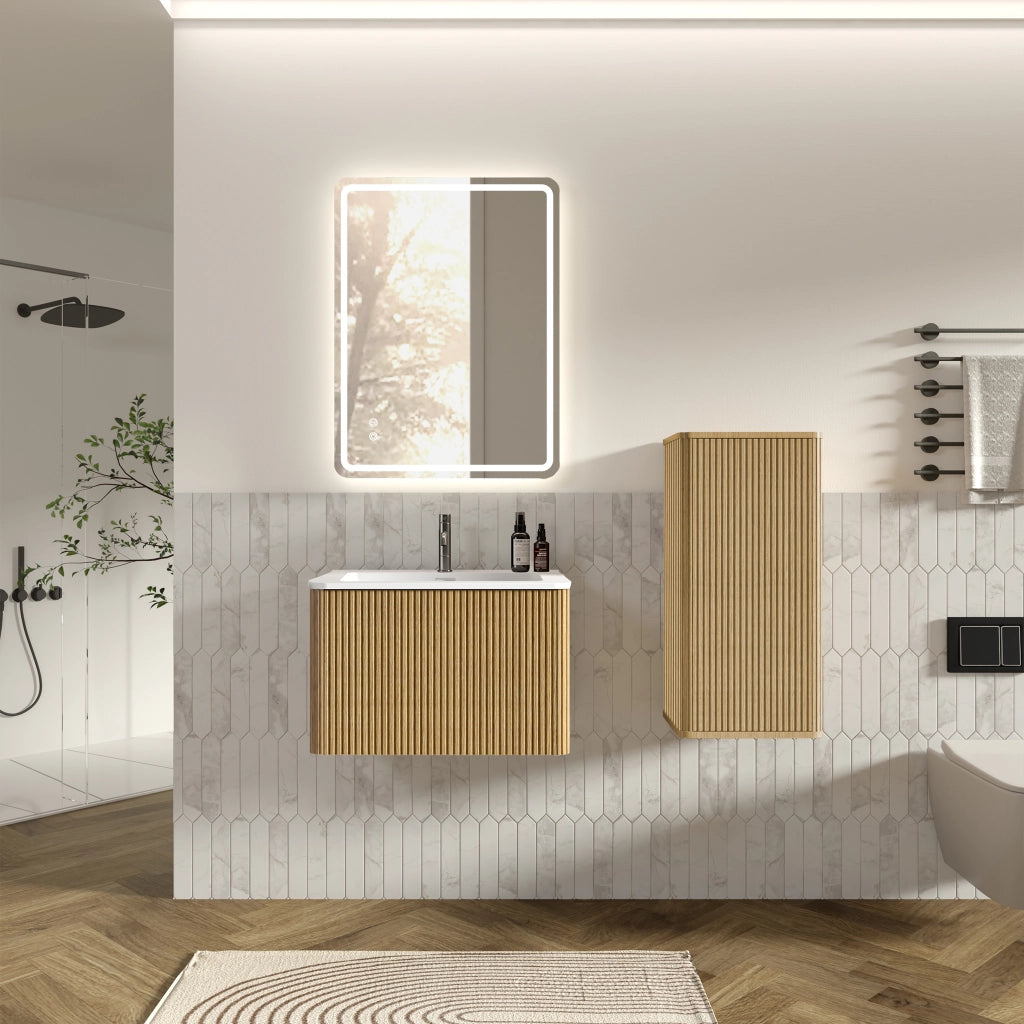 Armadietto da bagno moderno con specchio LED antinebbia e lavabo, mobile sospeso con colonna, in MDF, rovere
