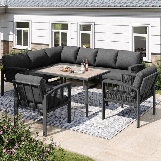 Set di arredamento per giardino - 8 posti - Sostegni in legno - Struttura in acciaio galvanizzato - Grande insieme di arredamento