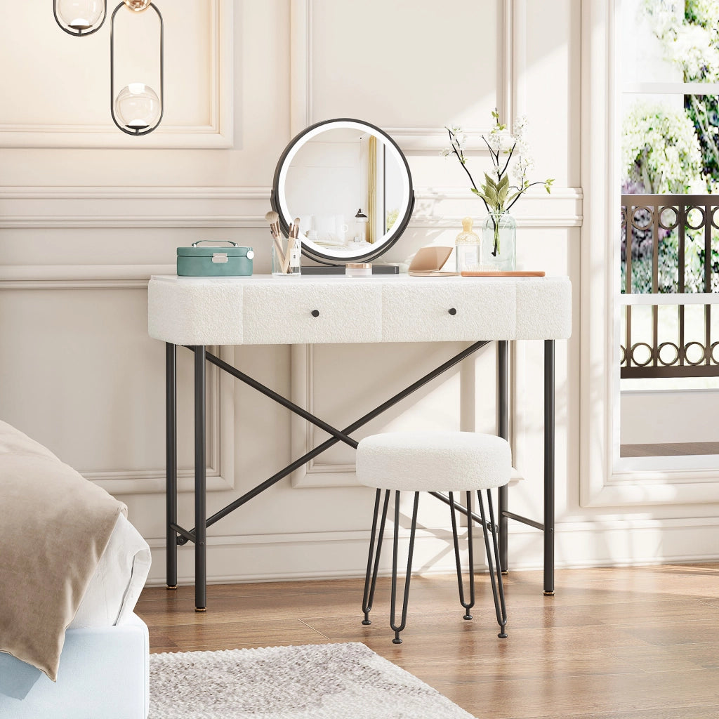 Tavolo Trucco con LED e Sgabello ¨C MINIMAL ¨C Bianco e Nero, 2 Cassetti, Piano Marmo, 100x40x120
