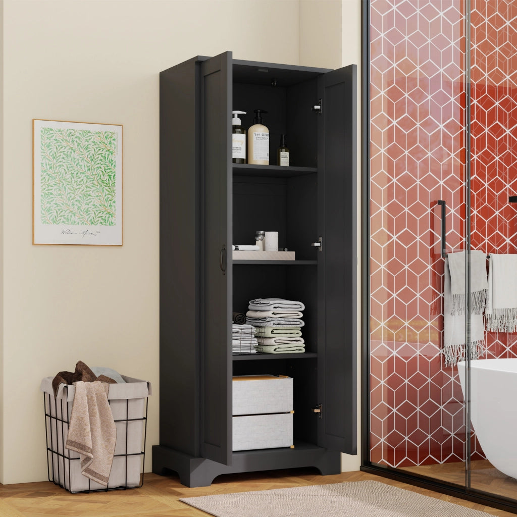 Armadietto da bagno con 2 ante, 4 ripiani regolabili e chiusura soft-close, per bagno, nero, 56 × 40 × 170 cm