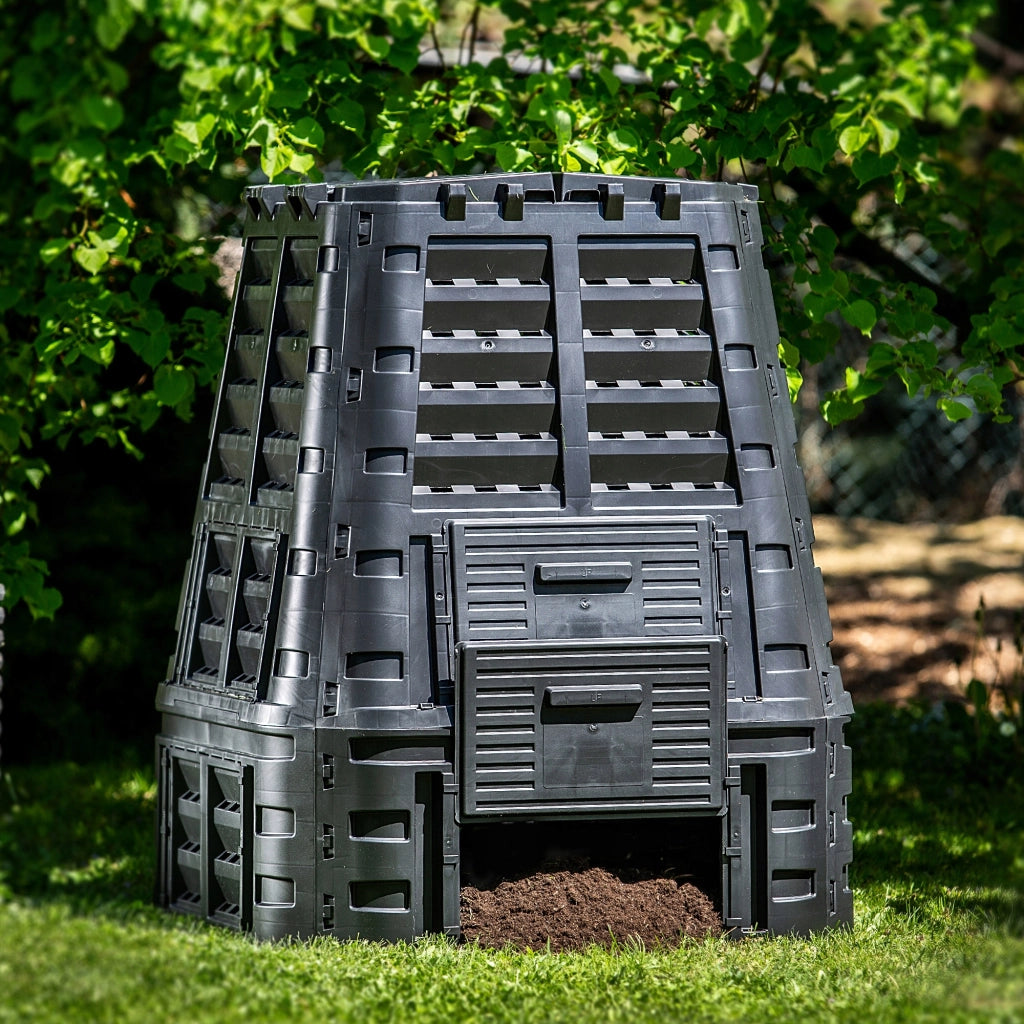 Compostiera modulare da giardino KADAX, resistente al gelo, utilizzabile tutto l'anno, colore nero, capacità 740 litri.
