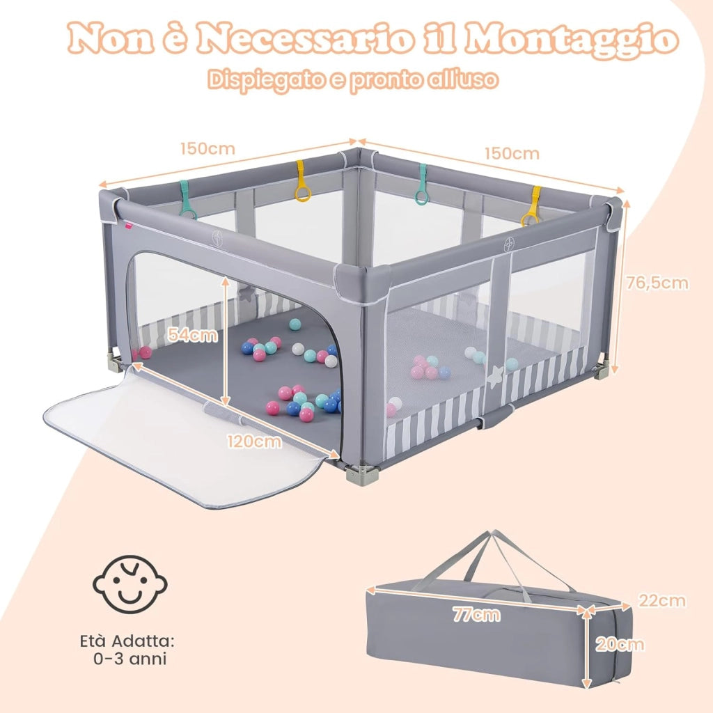 Box per Bambini 150 x 150 cm, Recinto per Neonati Pieghevole in Tessuto Oxford con Rete Traspirante, Centro Attività con 50 Palline, 4 Pezzi Anelli e Borsa (Grigio+Bianco, 150 x 150 cm)