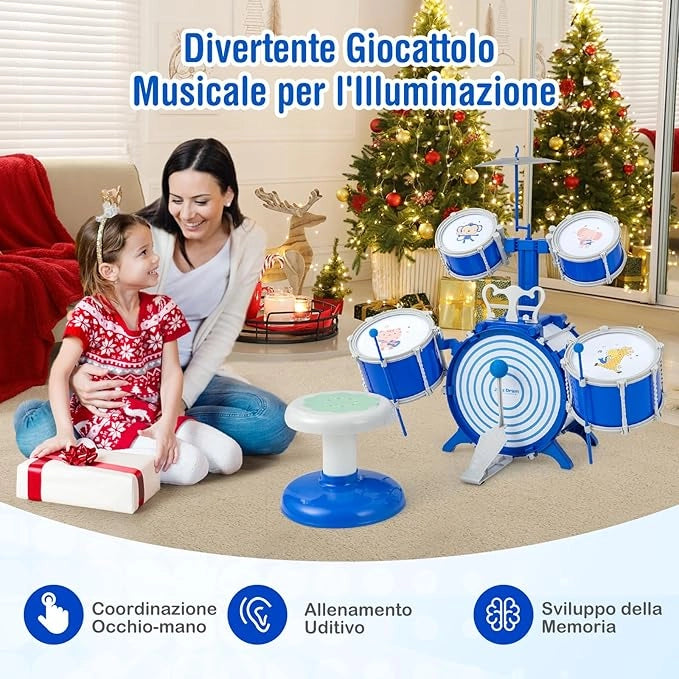 Set di Batteria per Bambini, Kit di Batteria Jazz con Cassa, Strumento Musicale a Percussione Educativo per Bambini 3+ Anni