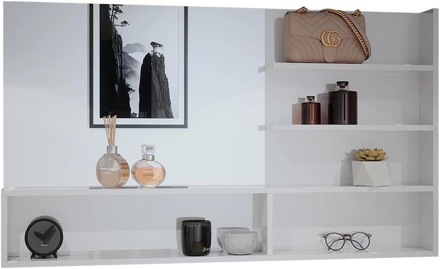 Mensola dello specchio, Bianco lucido, 119.8 x 70 cm con scomparti aperti, con cinque ripiani aperti per la conservazione degli accessori da bagno
