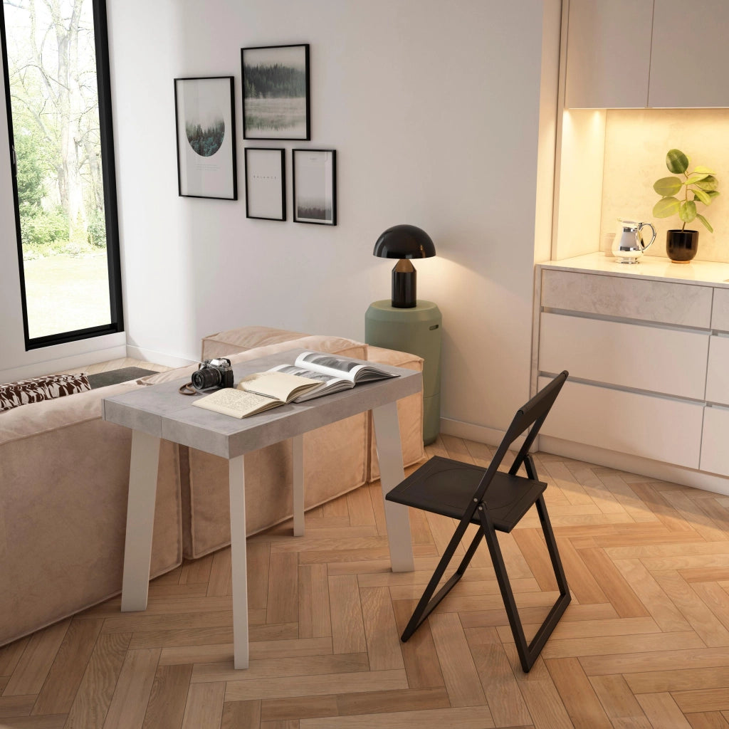 Consolle allungabile, 222x90x73cm, Per 10 persone, Gambe in legno, Bianco e grigio cemento RF3016
