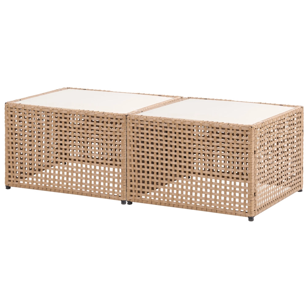 Divano angolare da giardino in rattan PE beige chiaro modulare a 6 posti con tavolino in vetro struttura in metallo con cuscini stile moderno