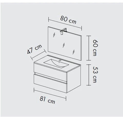Composizione bagno 2 cassettoni con lavabo in ceramica e specchio con lampada led