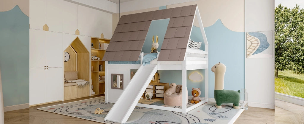 DESMIU Letto a castello casetta 140 × 200 cm 2 posti con scala, senza materasso, in MDF, marrone bianco