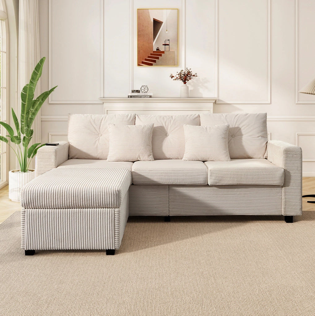 Divano 3 posti angolare beige con illuminazione LED, pouf mobile e cinque cuscini confortevoli