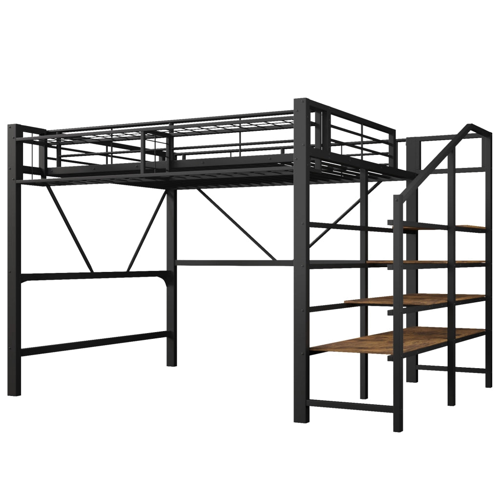 Letto a soppalco 140x200 cm con scaffale a gradini; vano portaoggetti e LED; in MDF e metallo nero