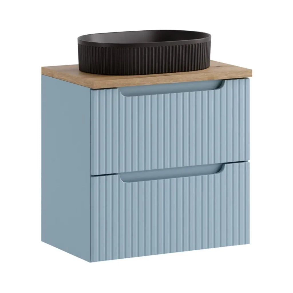 Insieme VANO blu denim e rovere chiaro 60cm: mobile sottolavabo con cassetti + top per lavabo + lavabo da appoggio nero rigato