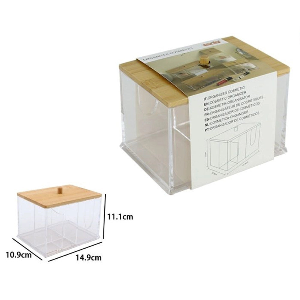 Trade Shop - Organizer Per Cosmetici Toeletta A Scomparti Trasparente Con Coperchio In Legno 10825 -