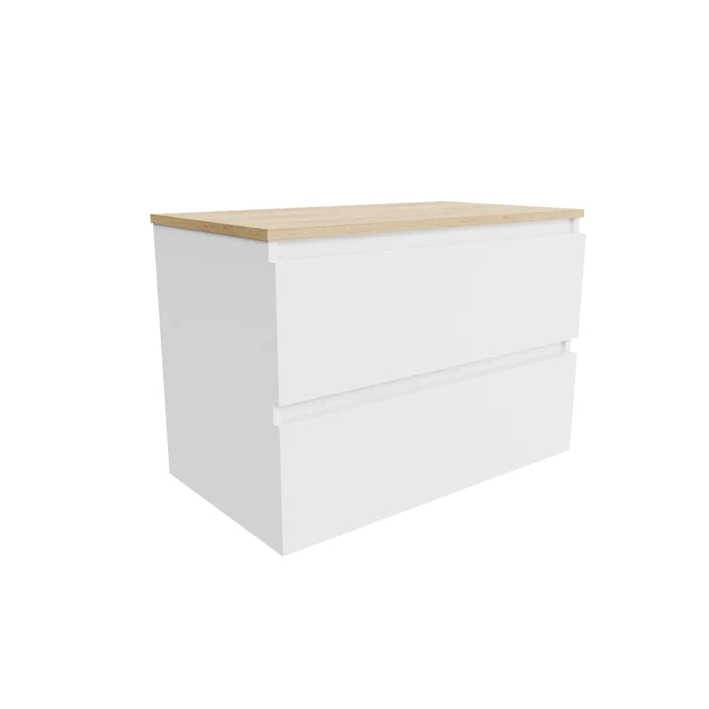 Mobile bagno sospeso 100cm due cassetti bianco opaco con top rovere chiaro | Hexa