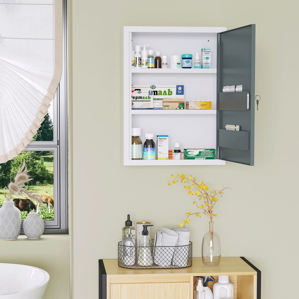 Armadietto Medicinali con 3 Ripiani e Blocco con Chiavi in Acciaio, 40x15x53.5cm, Bianco e Grigio